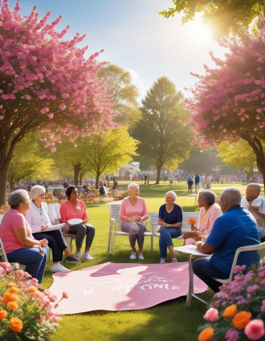 A diverse group of cancer survivors gathered in a sunlit park, joyfully engaging in conversations and sharing stories of hope. Bright banners showcasing advocacy for cancer awareness are visible, with vibrant flowers blossoming around them, symbolizing resilience and support. Emphasize a warm, welcoming atmosphere that invites a sense of community and strength. super-realistic. vibrant colors. warm tones.